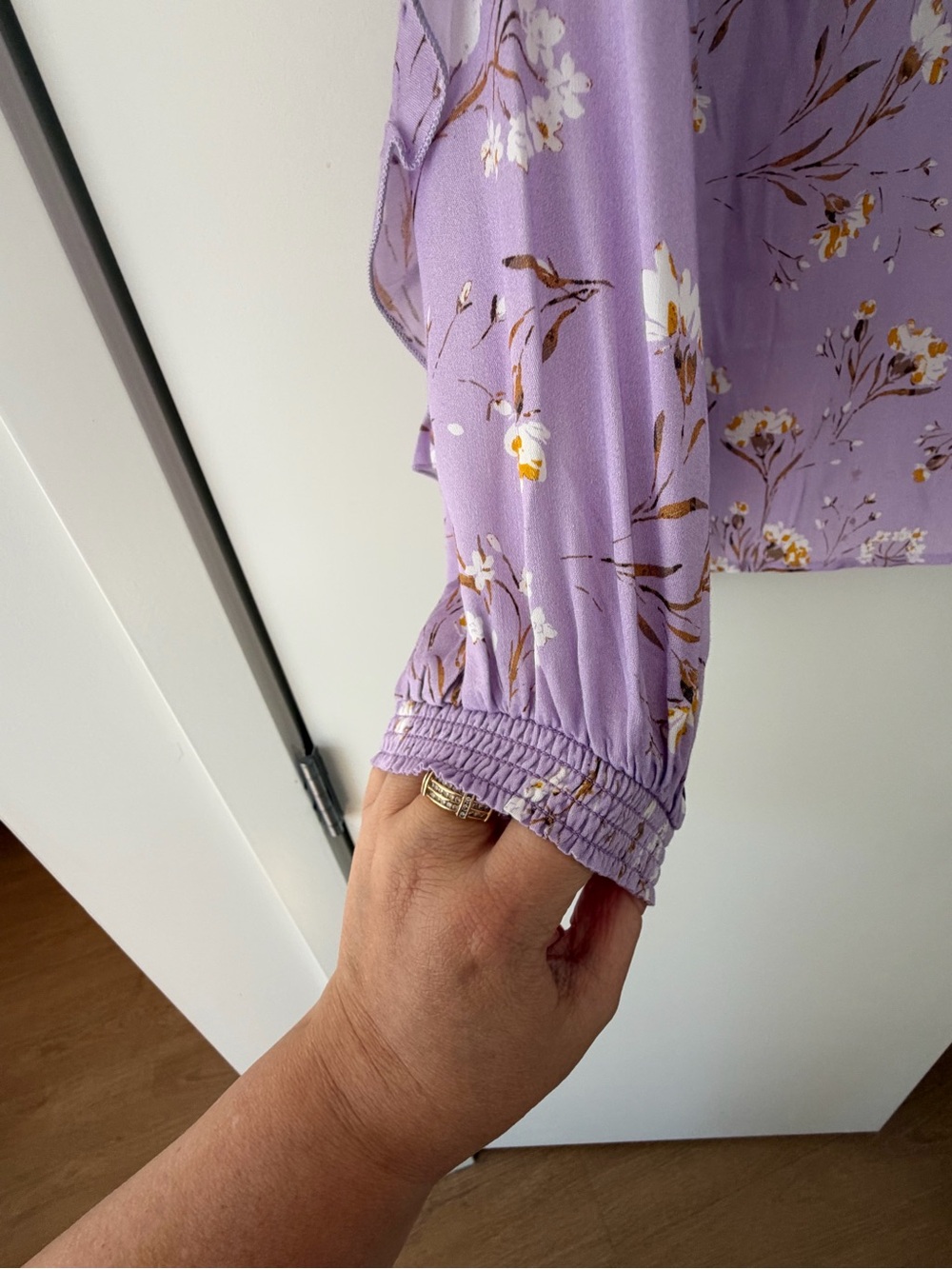 Belldini Lavender Floral Button-Front Ruffle Blouse - Picture 3 of 5